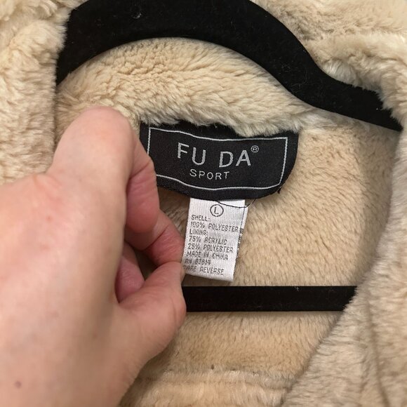 Fu Da‎ Sport Faux Suede Embroidered Sherpa Coat Sz L Phoebe Buffay Inspired 90s - Picture 7 of 8